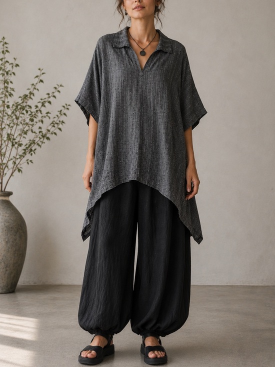 eskandar Tops - ESKANDAR Linen Blend Oversized Collared Short Sleeve Tunic Top